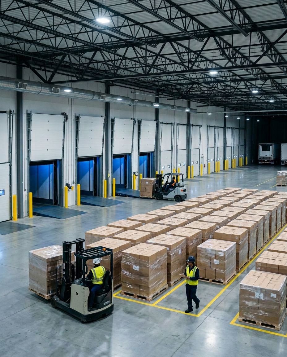 À l’intérieur du quai d’expédition d’un industriel de l’agroalimentaire avant l’aube : des palettes de produits en cartons en attente dans les couloirs de préparation, pendant que des chariots élévateurs les chargent par une longue rangée de portes de quai.